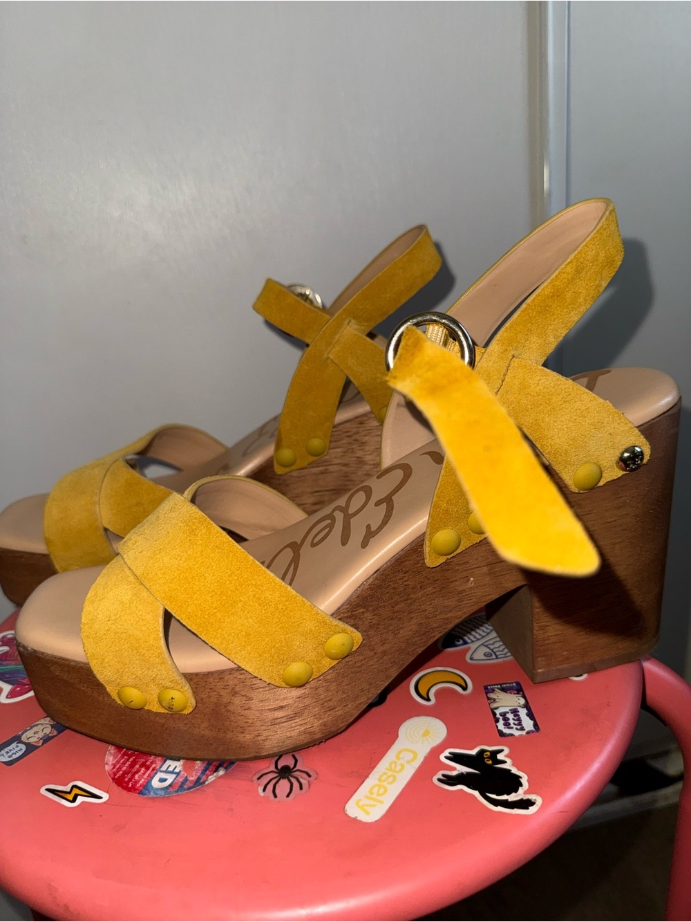 Sam Edelman Mustard Yellow Suede Platform Sandals with Wood-Look Block Heel